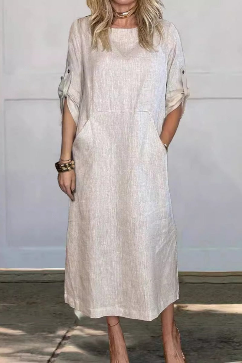 Vestido de Color Sólido hasta la Pantorrilla con Bolsillos y Cuello Redondo | Ideal para Primavera y Otoño