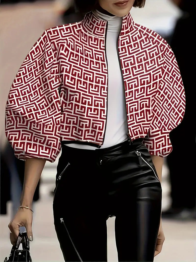 Chaqueta con Cremallera y Cuello Alto con Estampado de Lunares