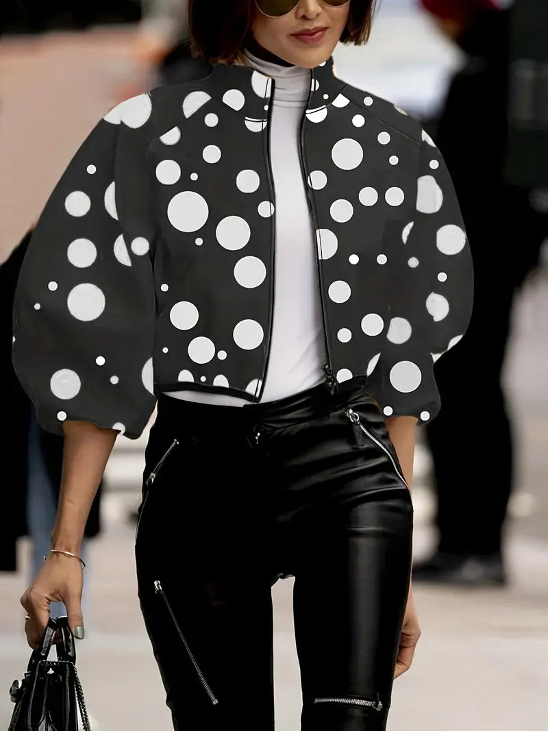 Chaqueta con Cremallera y Cuello Alto con Estampado de Lunares
