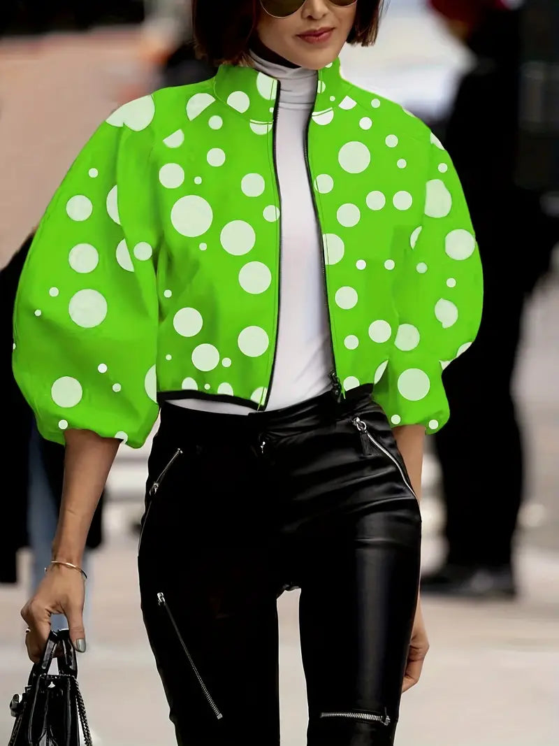 Chaqueta con Cremallera y Cuello Alto con Estampado de Lunares