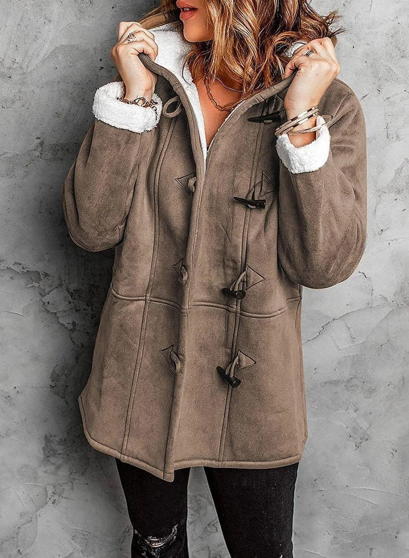 Abrigo de mujer con capucha y botones tipo cuerno en mezcla de lana | Ideal para invierno
