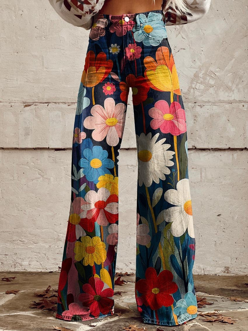 Pantalones Vaqueros De Pierna Ancha Con Talle Alto Y Estampado Floral | Ideal Para Primavera Y Verano