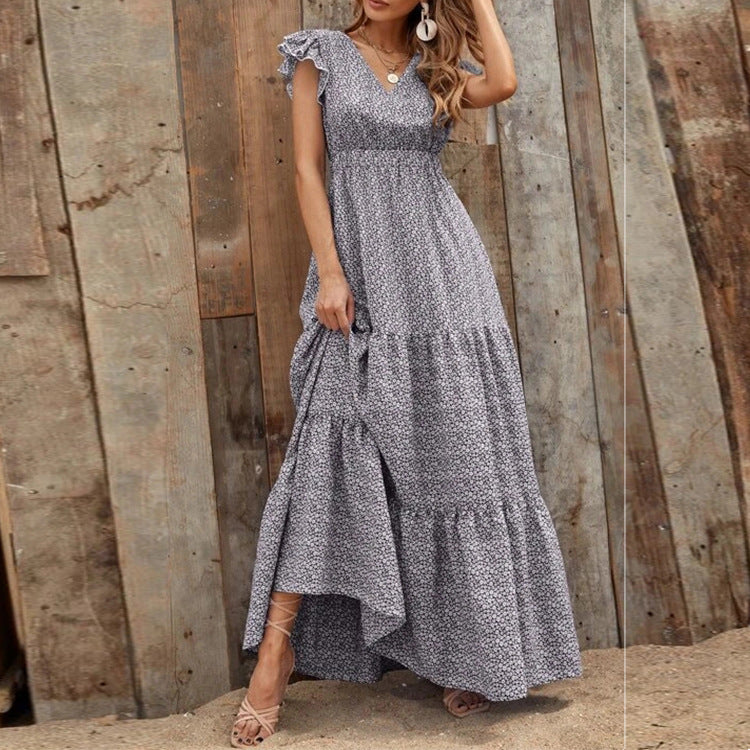 Vestido Bohemio con Estampado Floral, Escote en V y Mangas Cortas | Ideal para Verano