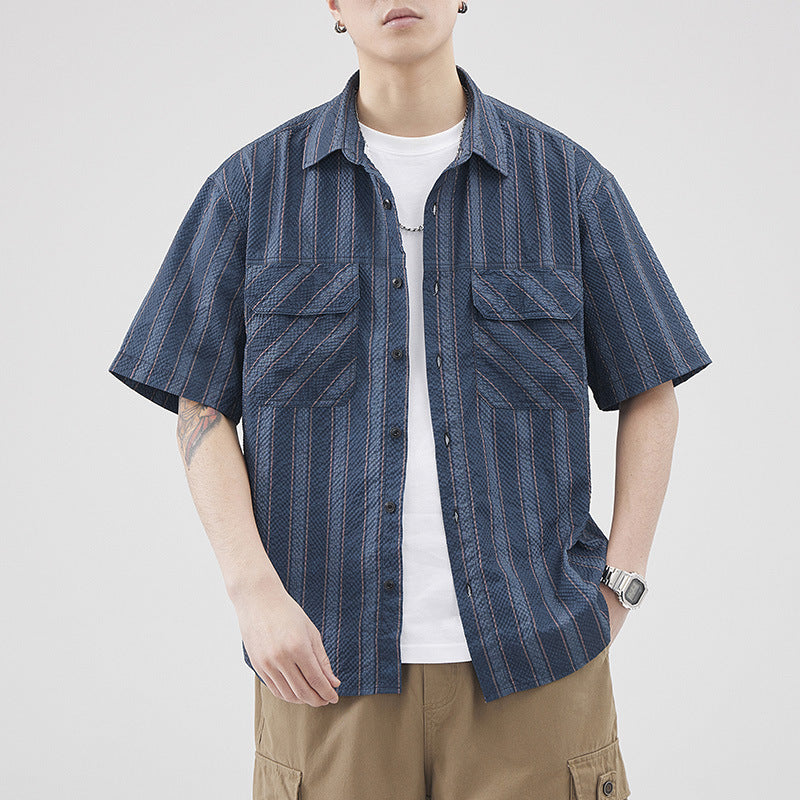 Cárdigan de Hombre con Textura de Rayas Seersucker de Manga Corta | Ideal para el Verano