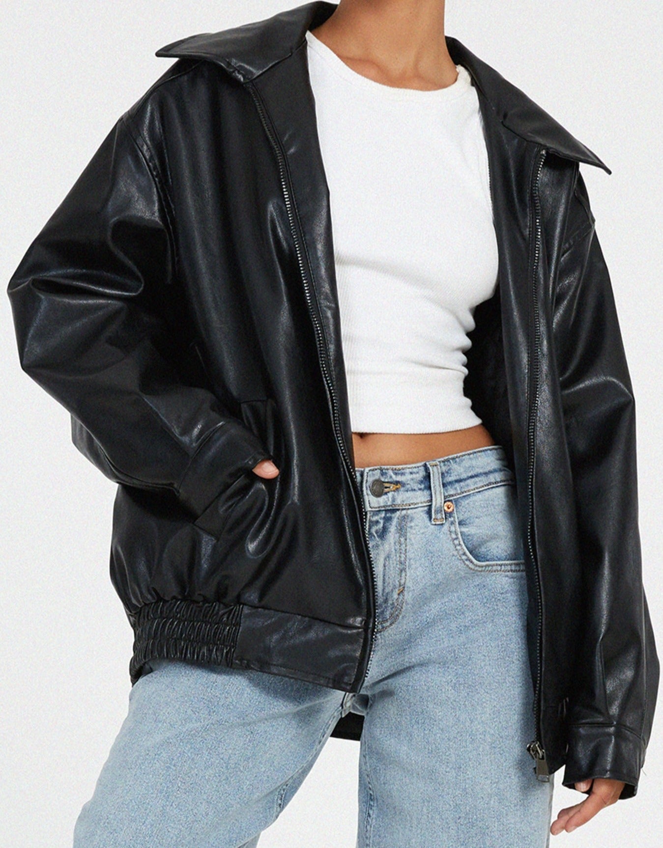 Chaqueta de cuero sintético oversize con corte holgado | Ideal para primavera y otoño