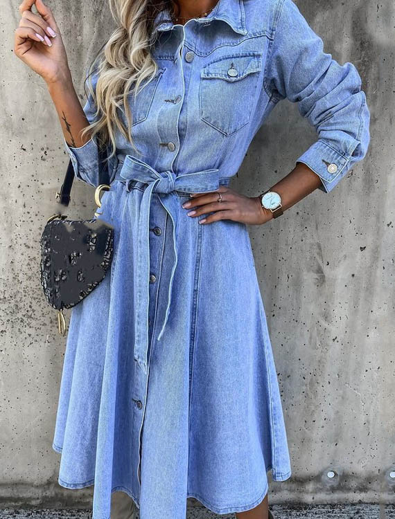 Vestido Camisero de Mezclilla Midi con Mangas Largas y Bolsillos | Ideal para Primavera y Otoño