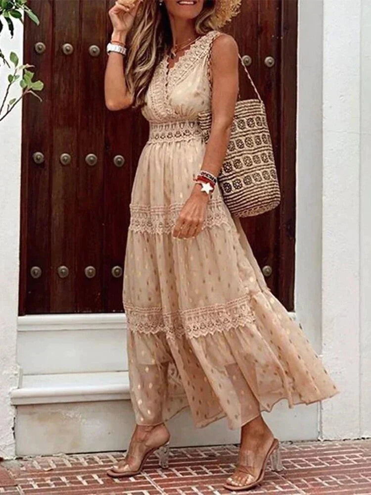 Vestido Largo De Encaje Con Detalles Elegantes | Ideal Para Primavera Y Verano