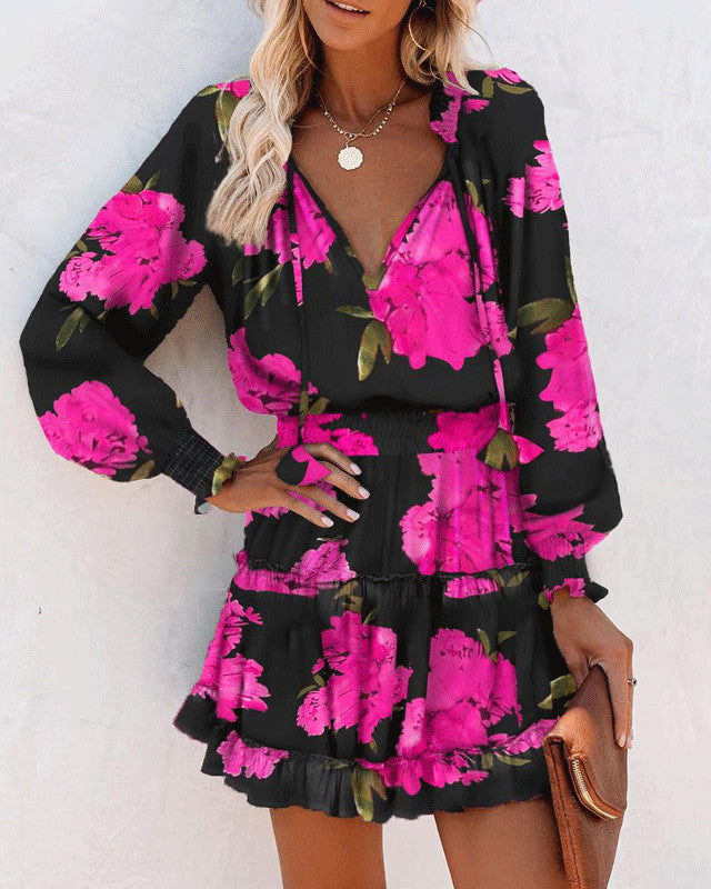Vestido de Cintura con Mangas Largas, Manga Abullonada y Estampado Floral Patchwork | Ideal para Primavera y Otoño