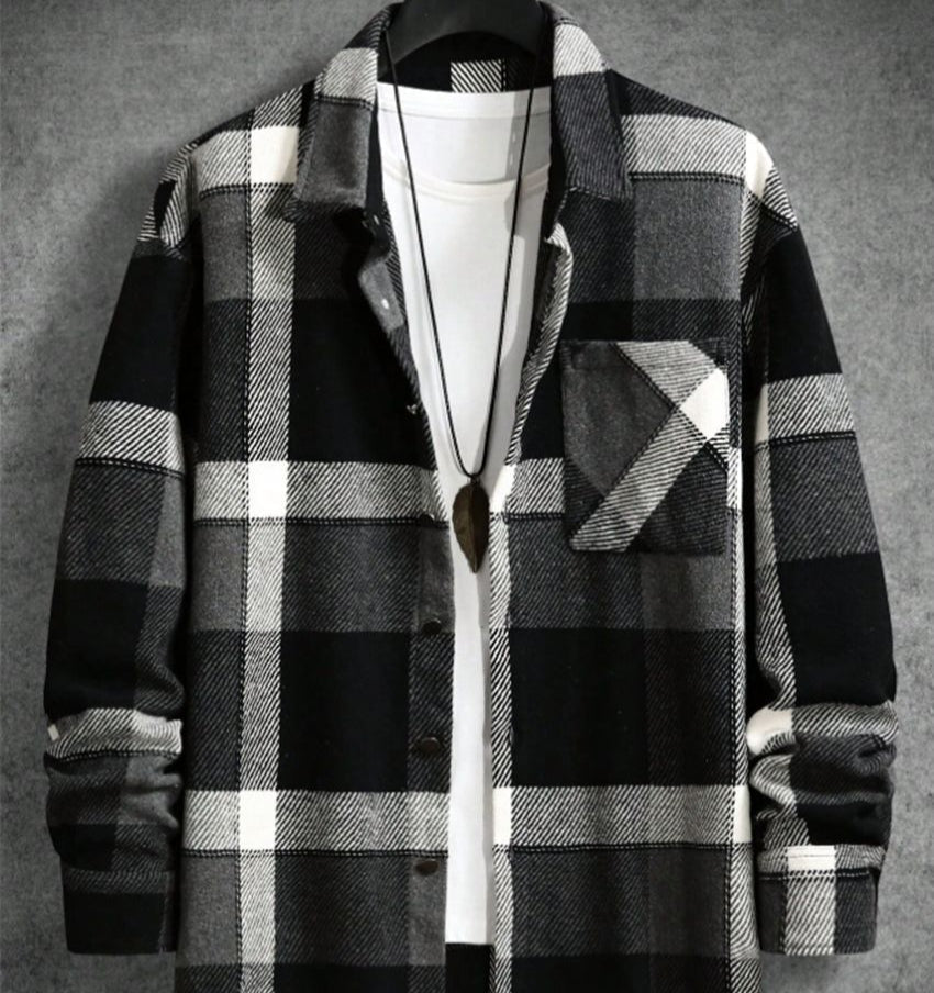 Camisa de Manga Larga con Cuello y Cuadro de Mezcla de Lana | Ideal para Primavera y Otoño