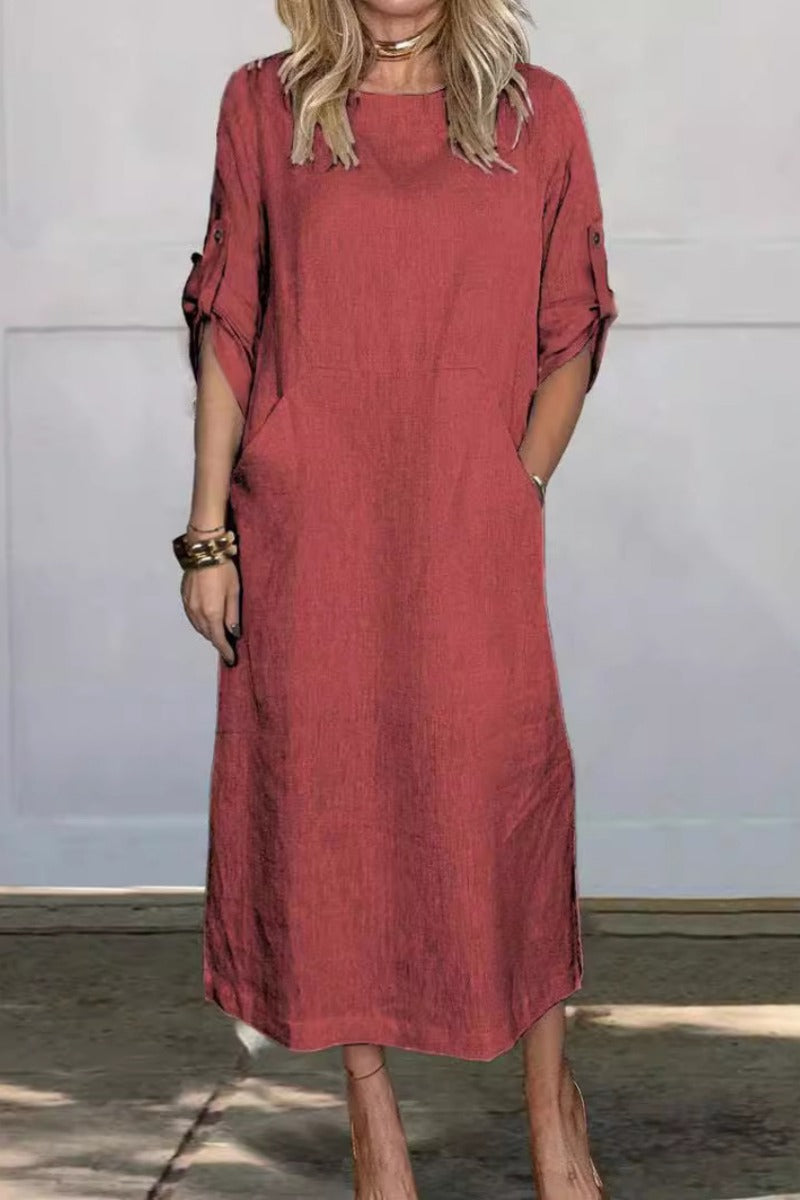 Vestido de Color Sólido hasta la Pantorrilla con Bolsillos y Cuello Redondo | Ideal para Primavera y Otoño
