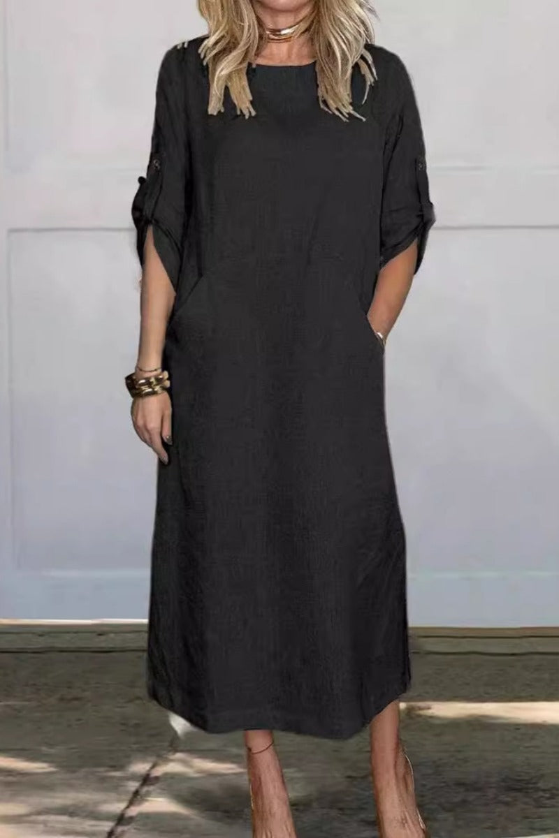 Vestido de Color Sólido hasta la Pantorrilla con Bolsillos y Cuello Redondo | Ideal para Primavera y Otoño