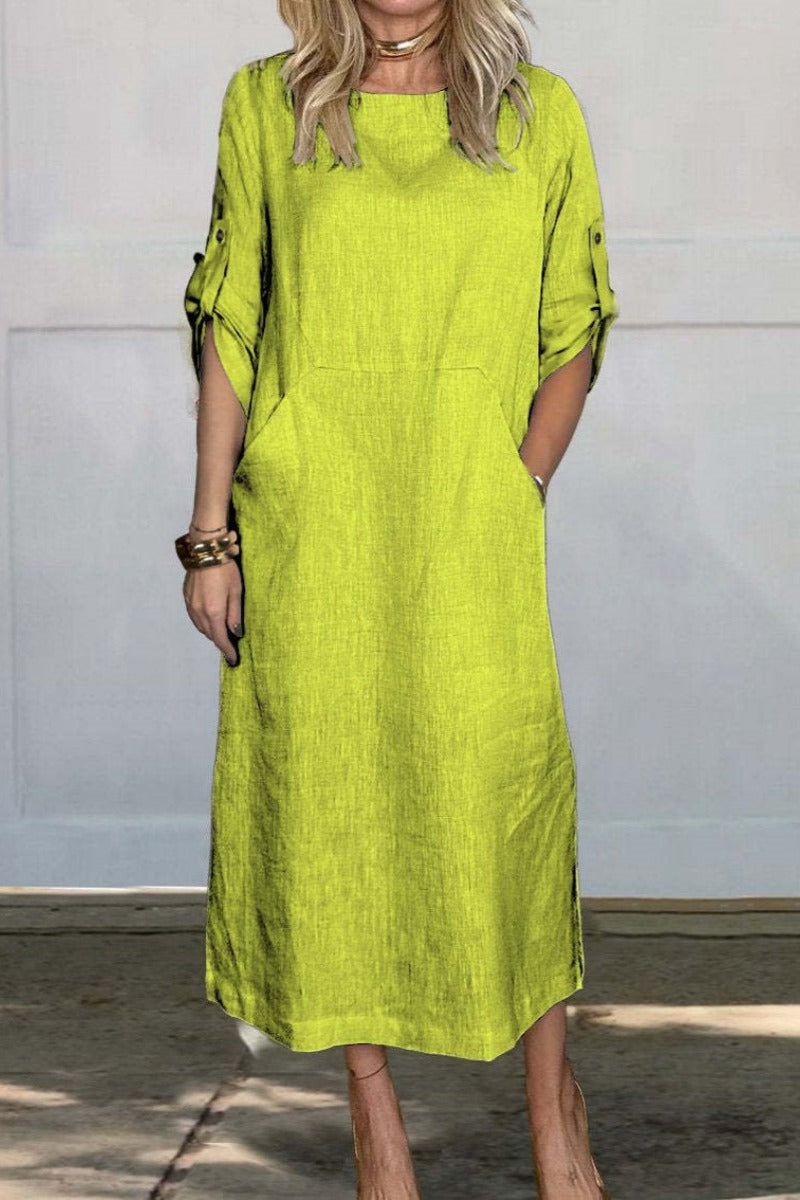 Vestido de Color Sólido hasta la Pantorrilla con Bolsillos y Cuello Redondo | Ideal para Primavera y Otoño