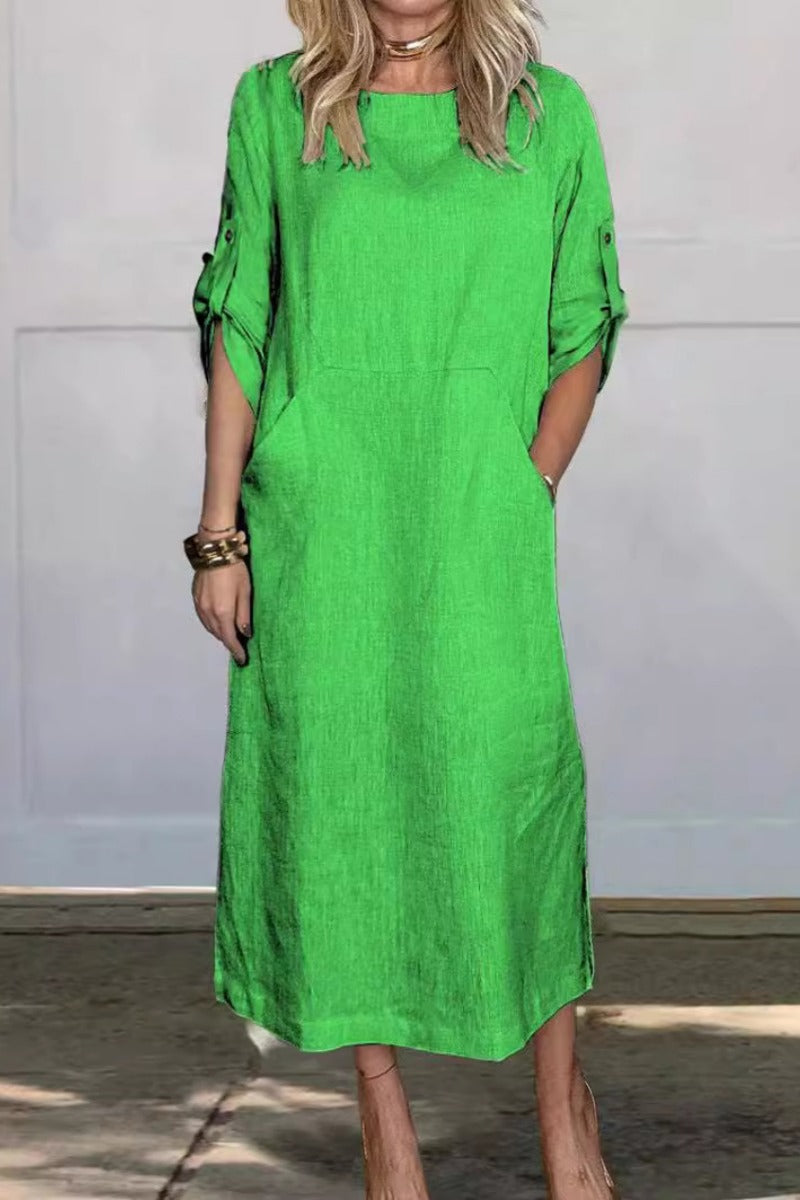 Vestido de Color Sólido hasta la Pantorrilla con Bolsillos y Cuello Redondo | Ideal para Primavera y Otoño