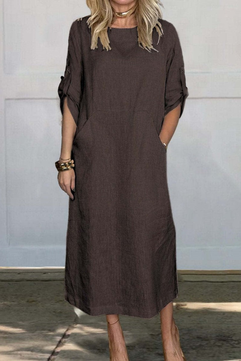 Vestido de Color Sólido hasta la Pantorrilla con Bolsillos y Cuello Redondo | Ideal para Primavera y Otoño