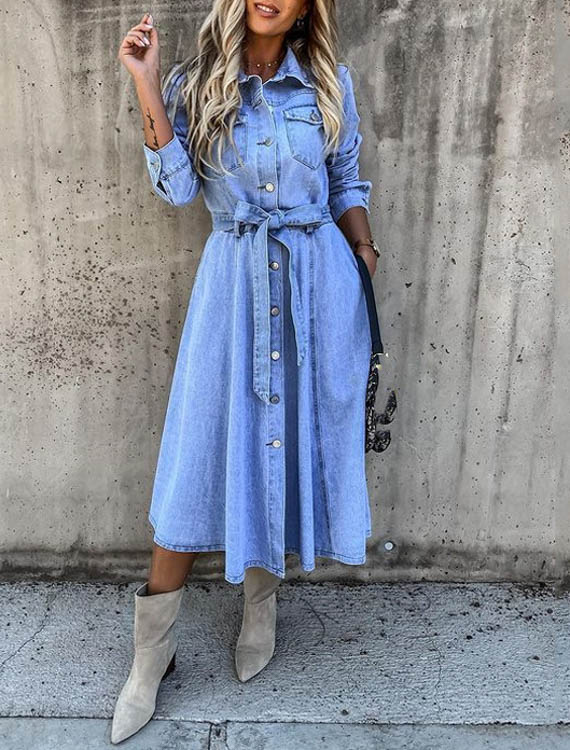 Vestido Camisero de Mezclilla Midi con Mangas Largas y Bolsillos | Ideal para Primavera y Otoño