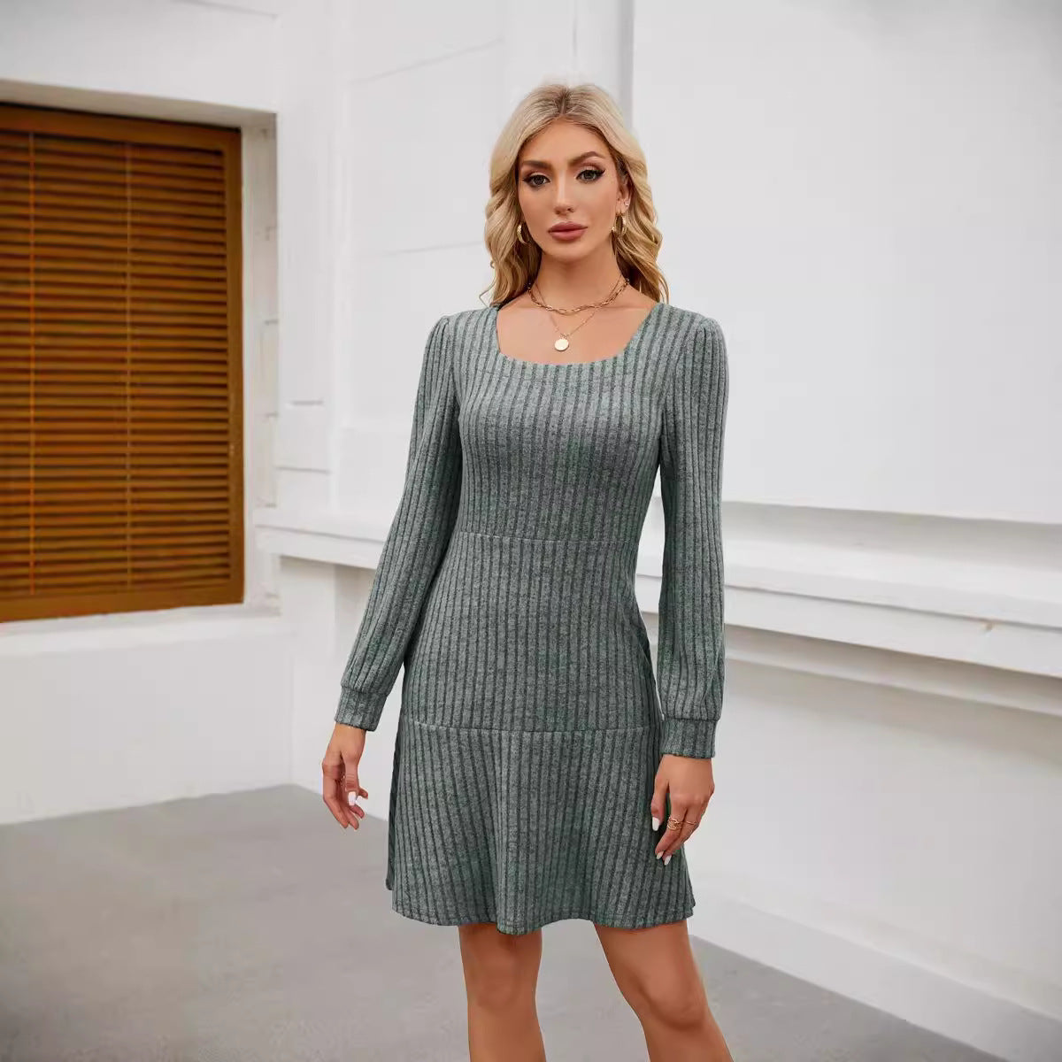 Vestido Con Escote Cuadrado Y Mangas Farol Con Bolsillos | Ideal Para Primavera Y Otoño
