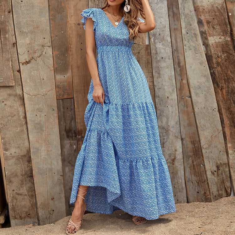 Vestido Bohemio con Estampado Floral, Escote en V y Mangas Cortas | Ideal para Verano