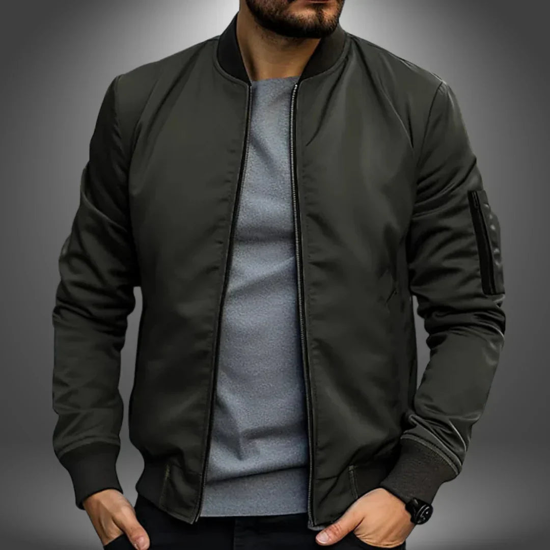 Cazadora Bomber de Primavera para Hombre con Puños Canalé y Bolsillo con Cremallera en la Manga
