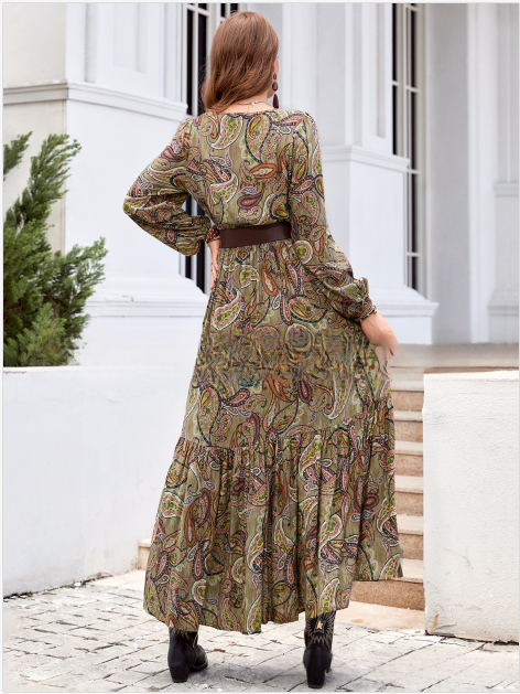 Vestido Largo con Estampado Bohemio, Cintura Fruncida y Mangas Largas | Ideal para Primavera y Otoño