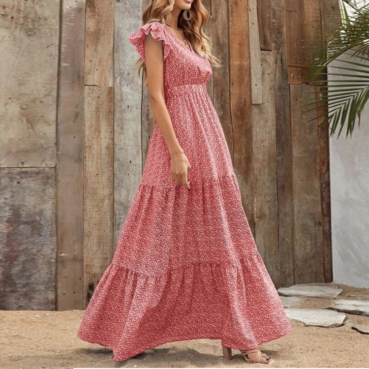 Vestido Bohemio con Estampado Floral, Escote en V y Mangas Cortas | Ideal para Verano