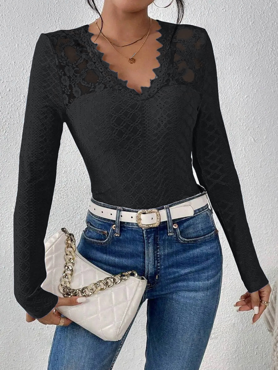 Blusa de Mujer de Manga Larga con Cuello en V y Paneles de Encaje
