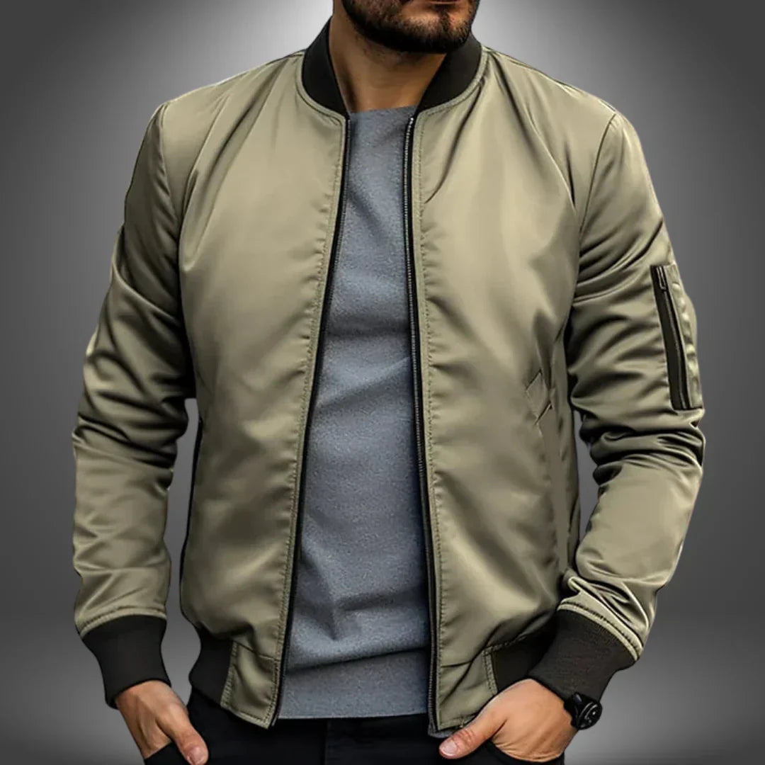 Cazadora Bomber de Primavera para Hombre con Puños Canalé y Bolsillo con Cremallera en la Manga