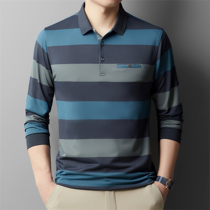 Camiseta de Manga Larga con Solapas y Rayas en Bloques de Color para Hombre | Ideal para Primavera y Otoño