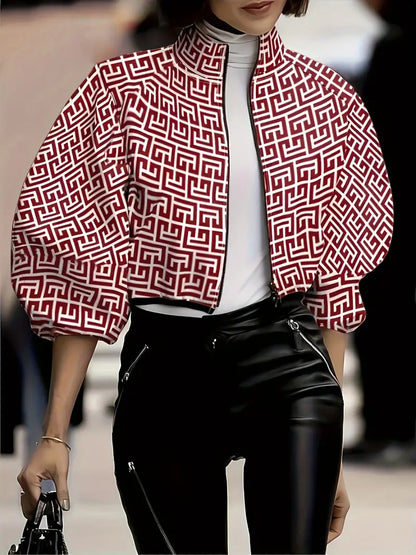 Chaqueta con Cremallera y Cuello Alto con Estampado de Lunares
