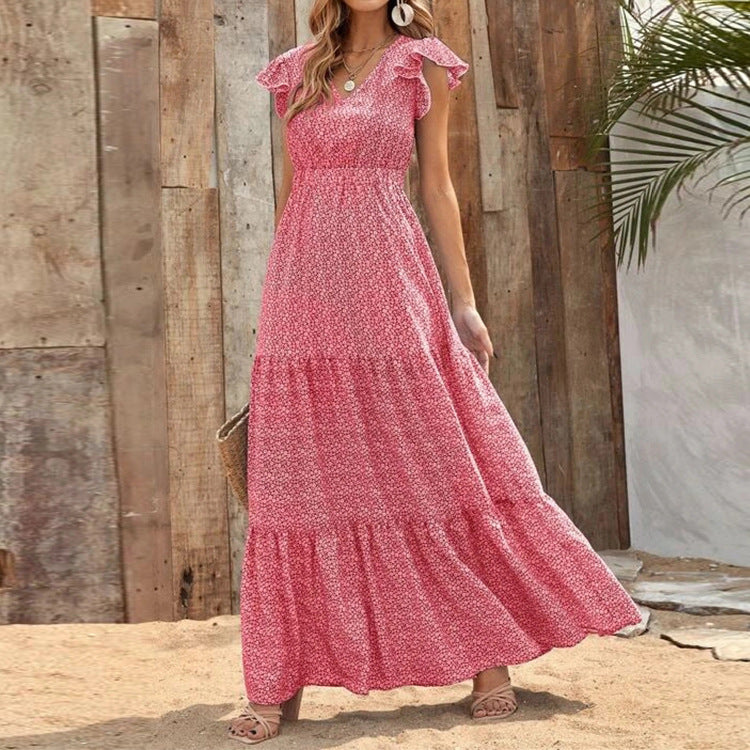 Vestido Bohemio con Estampado Floral, Escote en V y Mangas Cortas | Ideal para Verano