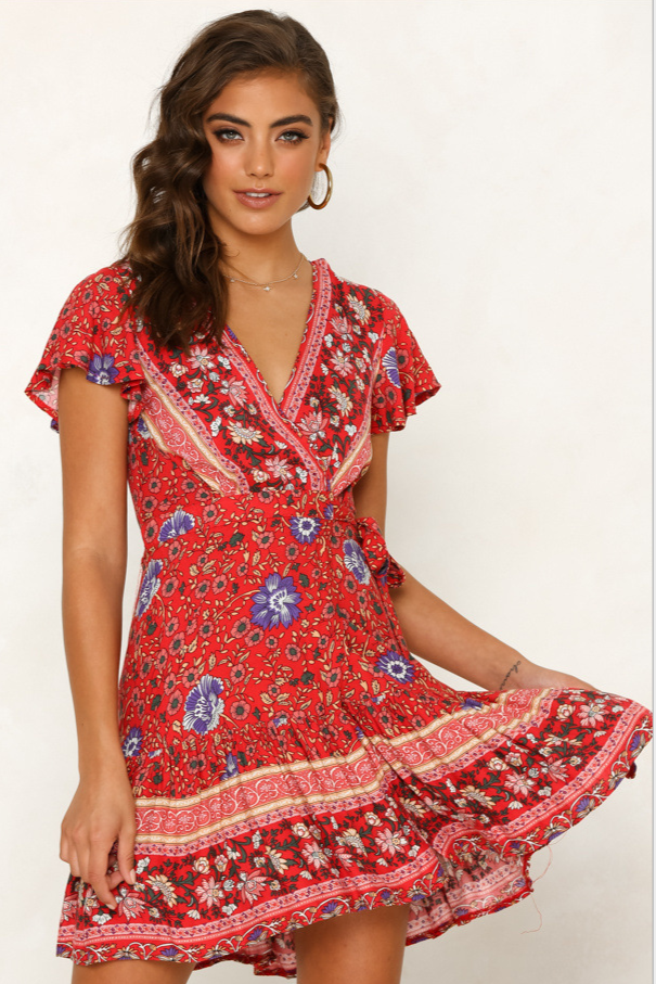 Vestido Estampado con Escote en V, Manga Corta, Cintura Alta y Dobladillo Irregular | Ideal para Verano