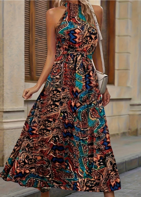 Vestido Bohemio con Estampado y Cintura Alta de Manga Larga | Ideal para Primavera y Verano