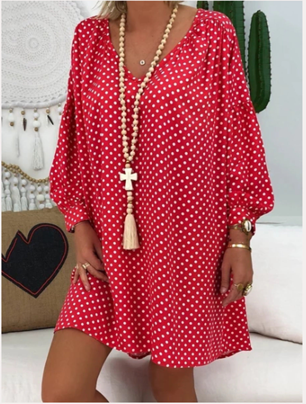 Vestido Estampado Con Escote En V Y Manga Larga | Ideal Para Otoño Y Invierno