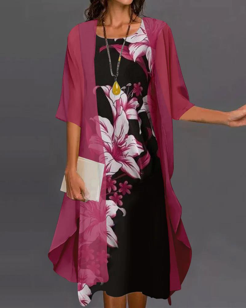 Vestido Floral de Dos Piezas con Mangas a Media Pierna y Dobladillo Asimétrico | Ideal para Primavera y Verano