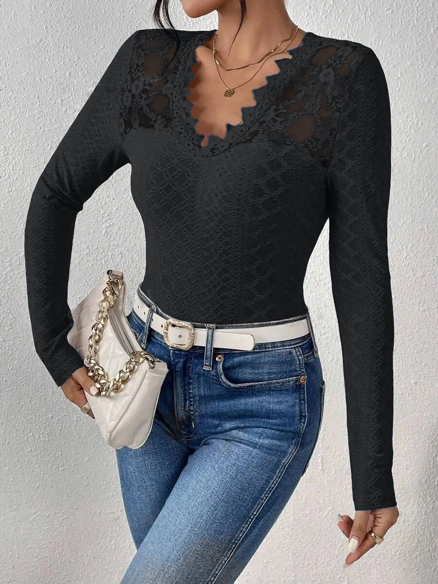 Blusa de Mujer de Manga Larga con Cuello en V y Paneles de Encaje