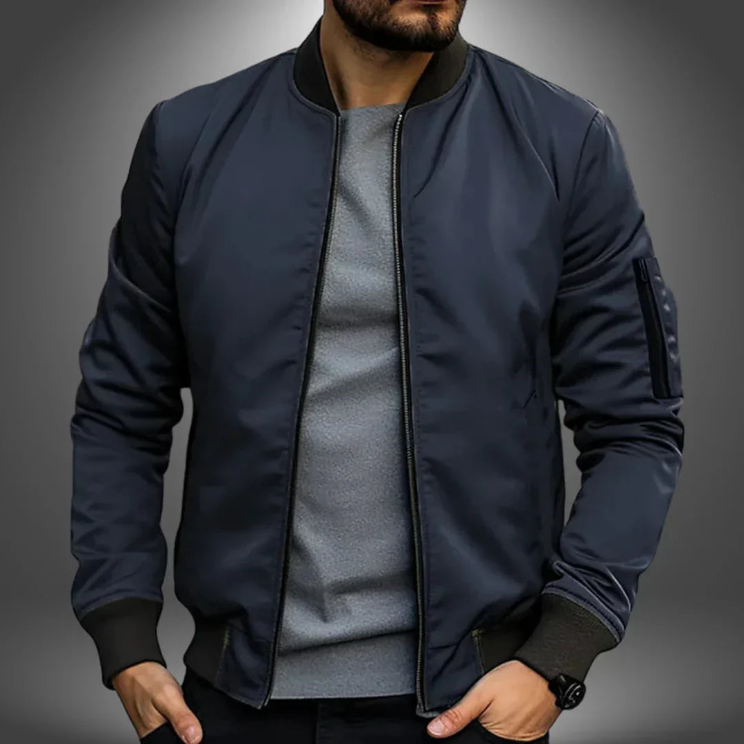 Cazadora Bomber de Primavera para Hombre con Puños Canalé y Bolsillo con Cremallera en la Manga