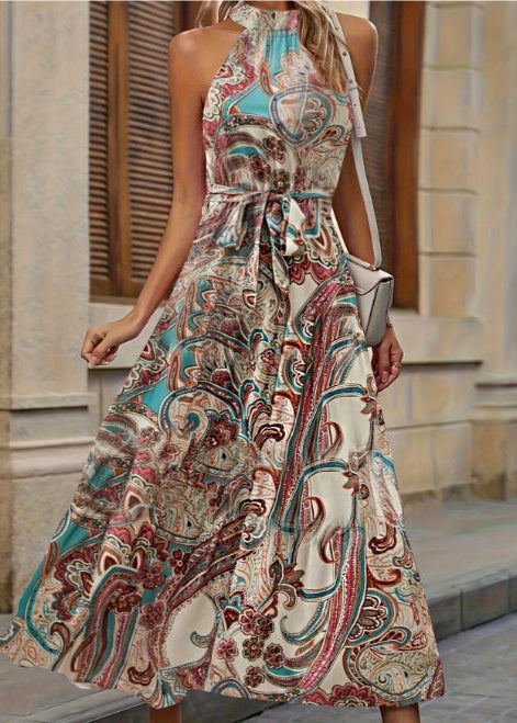 Vestido Bohemio con Estampado y Cintura Alta de Manga Larga | Ideal para Primavera y Verano