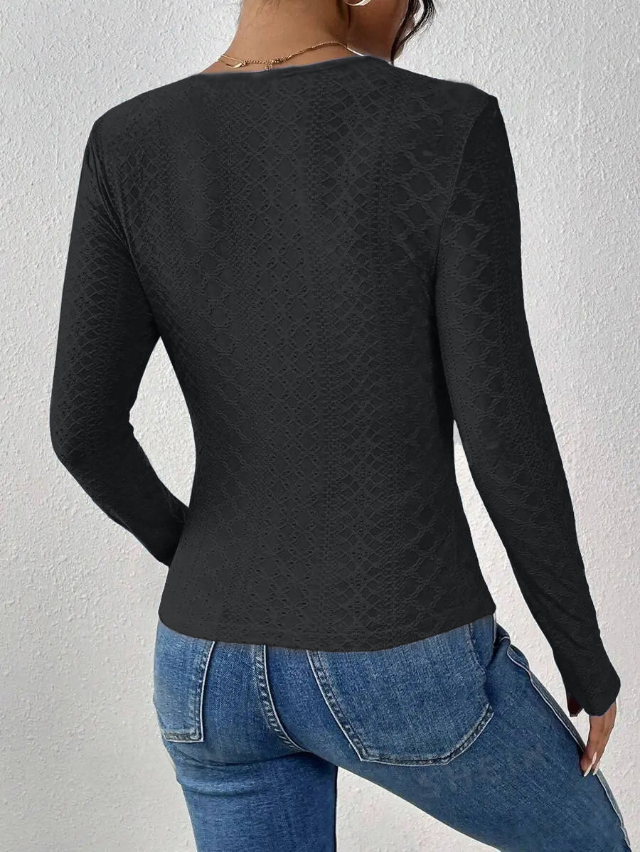Blusa de Mujer de Manga Larga con Cuello en V y Paneles de Encaje