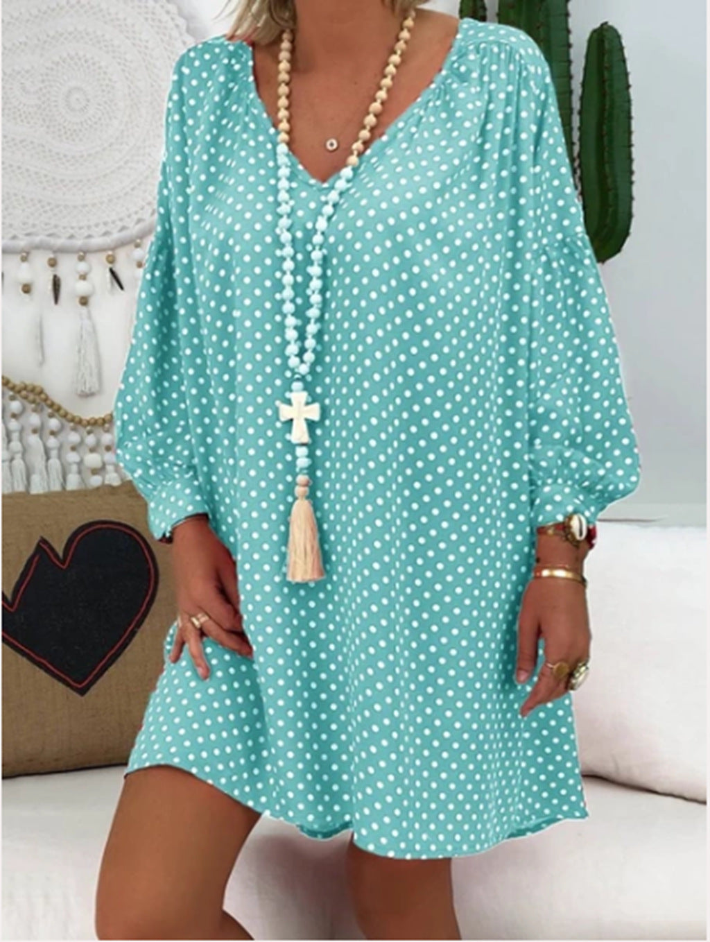 Vestido Estampado Con Escote En V Y Manga Larga | Ideal Para Otoño Y Invierno