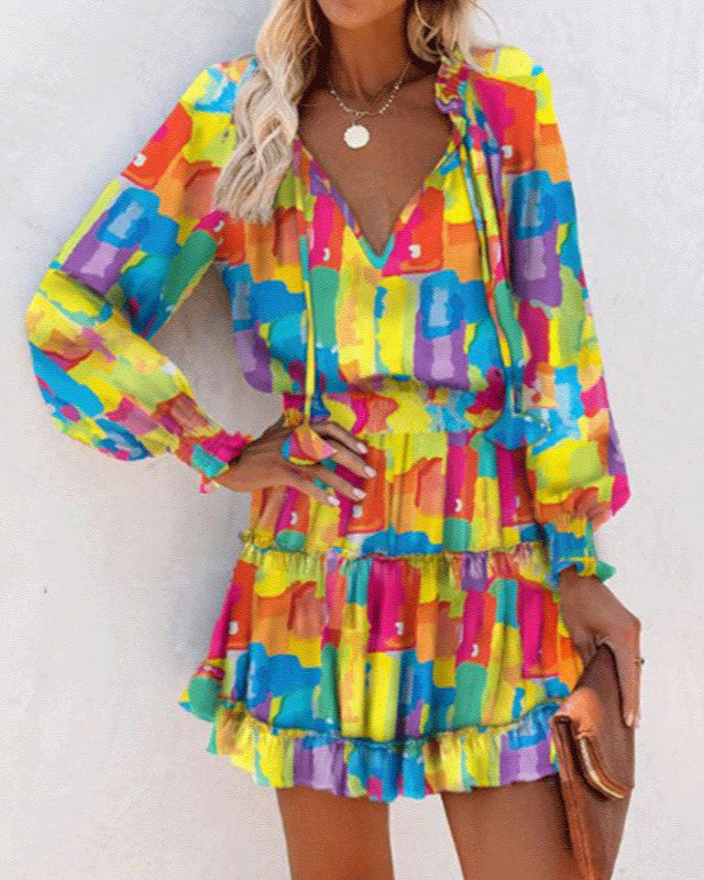 Vestido de Cintura con Mangas Largas, Manga Abullonada y Estampado Floral Patchwork | Ideal para Primavera y Otoño