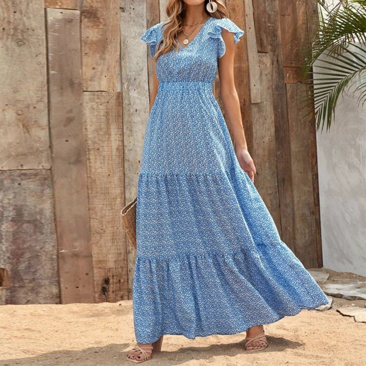 Vestido Bohemio con Estampado Floral, Escote en V y Mangas Cortas | Ideal para Verano