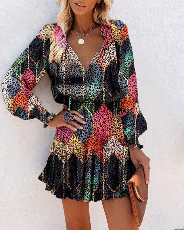 Vestido de Cintura con Mangas Largas, Manga Abullonada y Estampado Floral Patchwork | Ideal para Primavera y Otoño