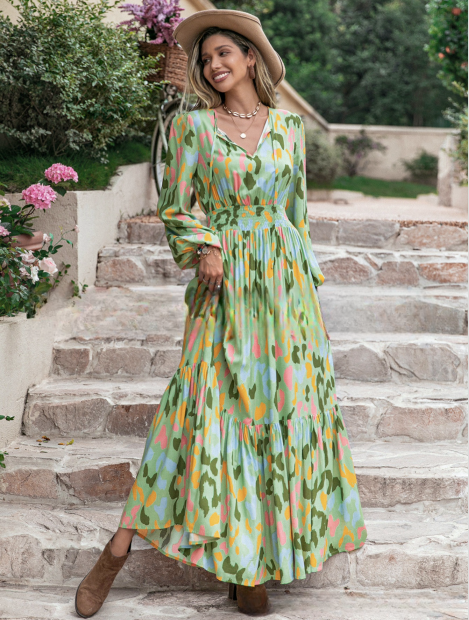 Vestido Largo con Estampado Bohemio, Cintura Fruncida y Mangas Largas | Ideal para Primavera y Otoño