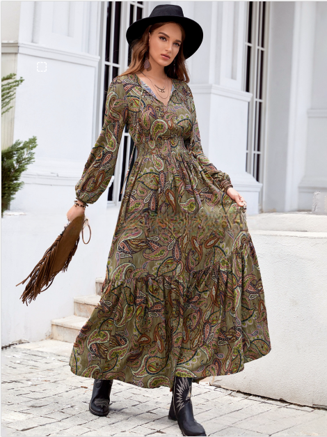 Vestido Largo con Estampado Bohemio, Cintura Fruncida y Mangas Largas | Ideal para Primavera y Otoño