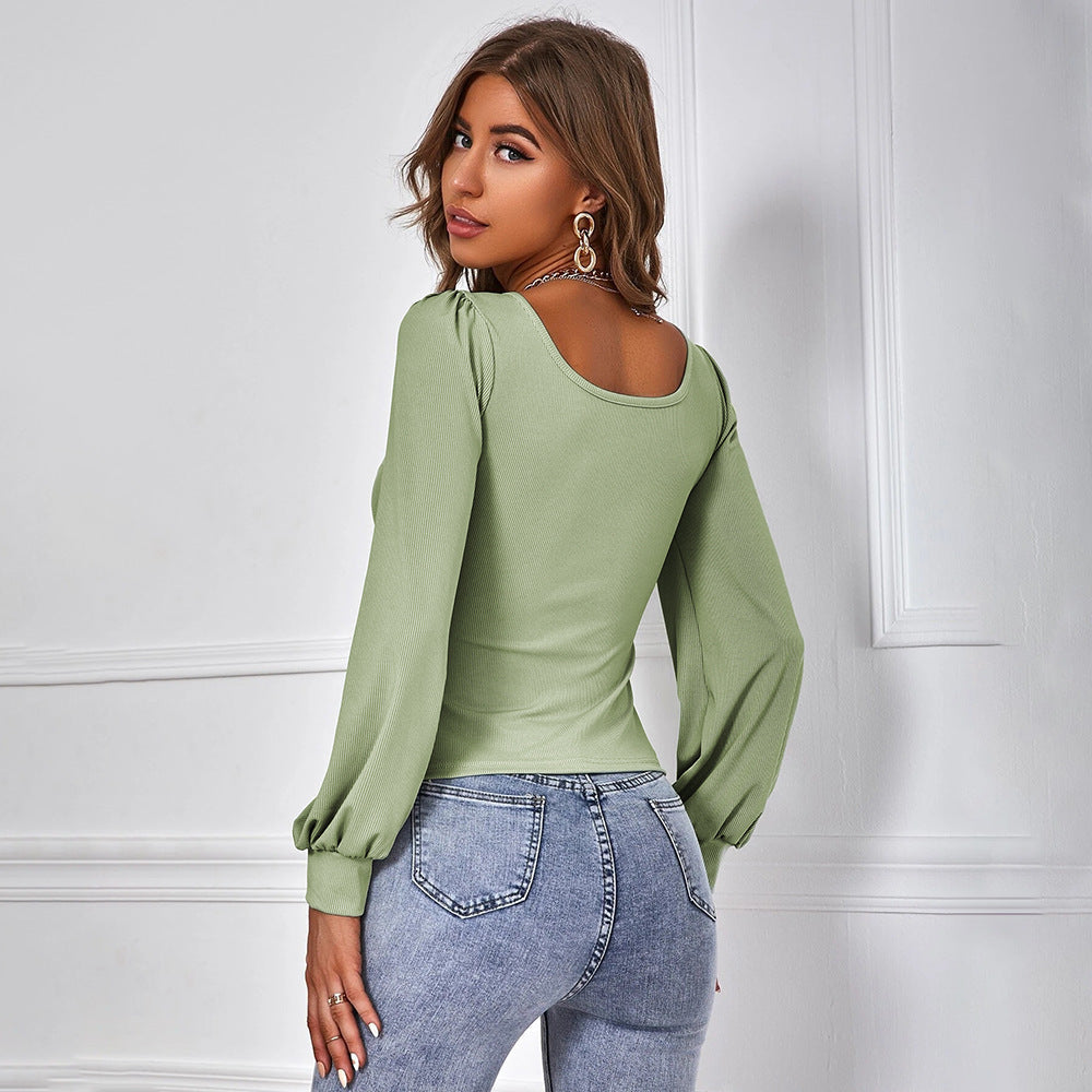 Blusa Verde con Mangas Abullonadas y Escote Cuadrado | Ideal para Primavera y Otoño