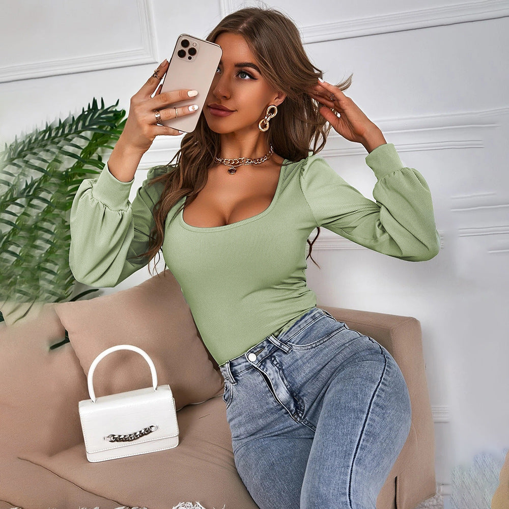 Blusa Verde con Mangas Abullonadas y Escote Cuadrado | Ideal para Primavera y Otoño