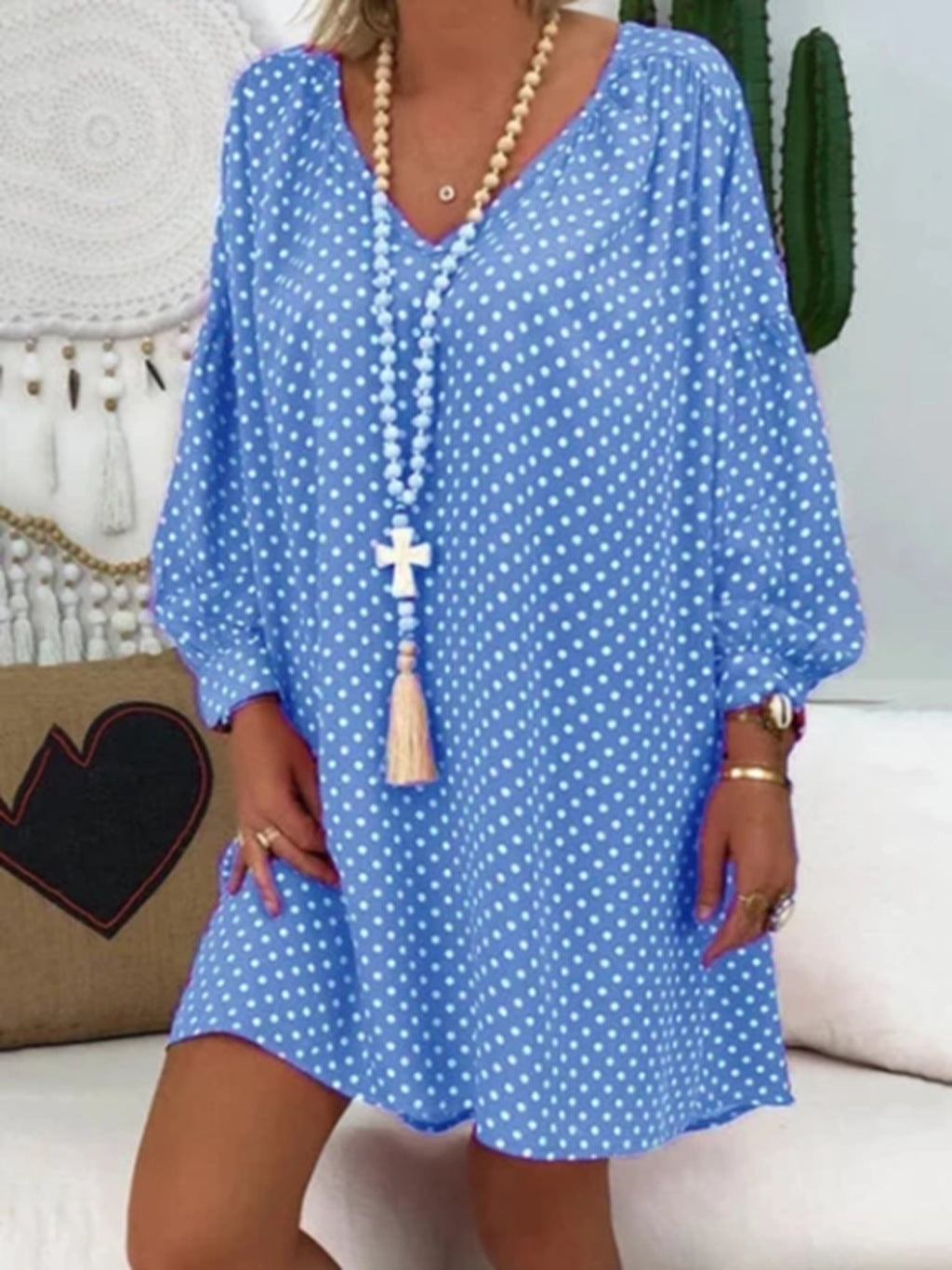 Vestido Estampado Con Escote En V Y Manga Larga | Ideal Para Otoño Y Invierno