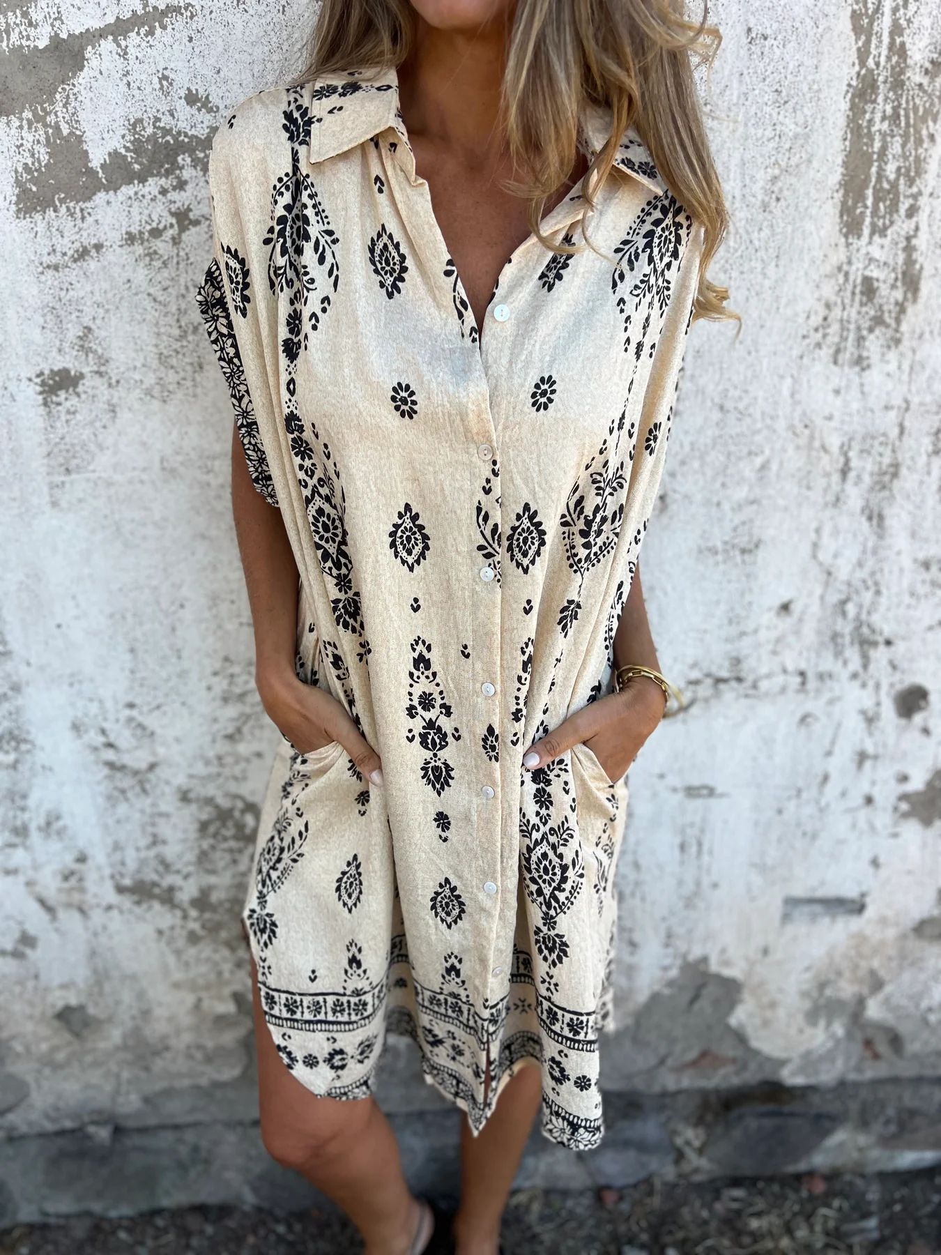 Vestido Estampado de Algodón y Lino de Manga Corta y Largo Medio con Bolsillos | Ideal para Primavera y Verano