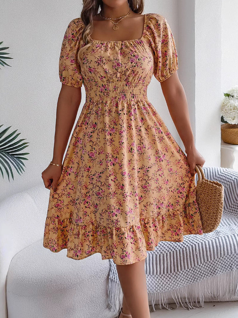 Vestido de Flores con Escote Cuadrado, Volantes y Cintura Alta | Ideal para Verano
