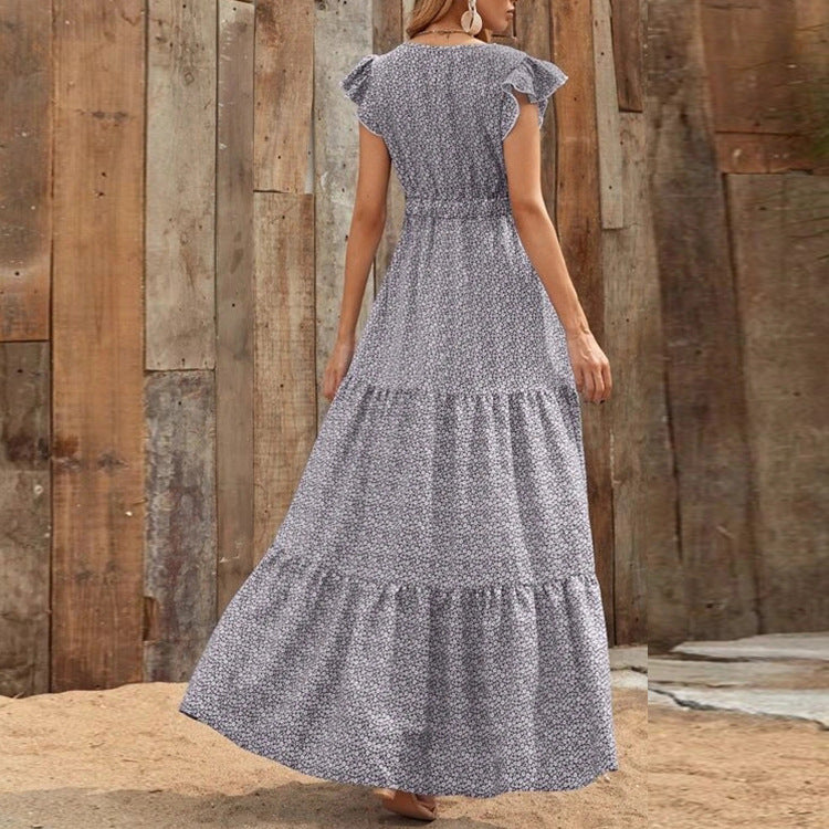 Vestido Bohemio con Estampado Floral, Escote en V y Mangas Cortas | Ideal para Verano