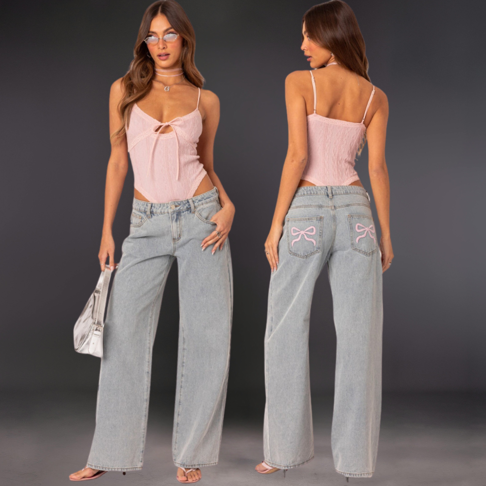 Jeans retro con detalle de lazo y corte recto ideales para primavera y verano